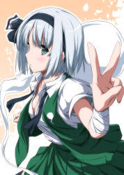 Rule 34 | 1girl, bandaged arm, breasts, cleavage, from side, ghost, green eyes, hairband, highres, konpaku youmu, konpaku youmu (ghost), leaning forward, looking at viewer, looking to the side, nori tamago, parted lips, short hair, silver hair, small breasts, touhou, v