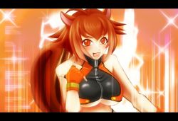Rule 34 | 1girl, animal ears, antenna hair, arc system works, bare shoulders, blazblue, blazblue: continuum shift, breasts, brown eyes, brown hair, female focus, fingerless gloves, full fool, gloves, large breasts, makoto nanaya, multicolored hair, short hair, solo, squirrel ears, squirrel tail, strapless, tail, tube top, underboob