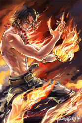Rule 34 | 1boy, abs, belt, black pants, clenched hand, commentary, english commentary, fire, flaming hand, hands up, jewelry, looking at viewer, male focus, muscular, necklace, one piece, pants, parted lips, portgas d. ace, short hair, signature, smirk, solo, standing, topless male, wind, zzyzzyy