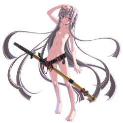 Rule 34 | 1girl, absurdly long hair, barefoot, blush, elf, feet, flat chest, full body, long hair, nipples, nude, original, pointy ears, sakuya tsuitachi, sheath, sheathed, simple background, solo, standing, sword, very long hair, weapon, white background