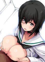 Rule 34 | 1boy, 1girl, black hair, black neckwear, blue eyes, blush, breasts, breasts out, choker, clothes lift, collarbone, gengoroh, girls und panzer, glasses, kawashima momo, large breasts, looking up, monocle, nipples, no bra, ooarai school uniform, open mouth, paizuri, puffy nipples, school uniform, shirt lift, short hair, solo focus