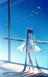 Rule 34 | 1girl, absurdly long hair, absurdres, backlighting, ballet slippers, bird, blue hair, blue sky, commentary, criss-cross halter, dress, from behind, halterneck, hatsune miku, highres, kazenemuri, long hair, pantyhose, reflection, shadow, sky, solo, standing, tiptoes, tutu, twintails, very long hair, vocaloid, white dress, wide shot, window
