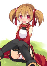 Rule 34 | 10s, 1girl, armor, black thighhighs, blush, breastplate, brown hair, covering privates, covering crotch, embarrassed, fingerless gloves, gloves, hair ornament, looking at viewer, minamura haruki, open mouth, panties, pantyshot, red eyes, short hair, short twintails, silica, sitting, skirt, solo, sword art online, thighhighs, twintails, underwear, upskirt, white panties