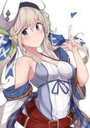 Rule 34 | 1girl, absurdres, bare shoulders, belt, beret, blue eyes, blue ribbon, blush, breasts, camisole, cleavage, closed mouth, collarbone, cucouroux (granblue fantasy), granblue fantasy, grey hair, hair ribbon, hat, heart, highres, index finger raised, jacket, long hair, long sleeves, looking at viewer, medium breasts, nanakaku, off shoulder, open clothes, open jacket, ribbon, sidelocks, simple background, smile, twintails, white camisole, white hat, white jacket