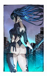 Rule 34 | 1girl, android, aqua eyes, ass, back, black hair, breasts, building, cityscape, highres, joints, long hair, looking to the side, medium breasts, night, night sky, original, robot joints, signo aaa, sky, skyscraper, solo, sword, thighs, twintails, weapon
