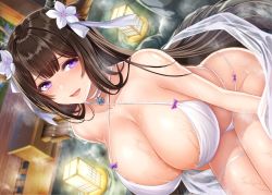 Rule 34 | 1girl, animal ears, azur lane, bad id, bad twitter id, bare back, bikini, blush, breasts, brown hair, cleavage, collarbone, cow ears, cow girl, cow horns, flower, hair flower, hair ornament, halterneck, horns, kashino (azur lane), kashino (hot springs relaxation) (azur lane), large breasts, long hair, looking at viewer, onsen, open mouth, pantsu majirou, purple eyes, sitting, solo, steam, swimsuit, thigh strap, very long hair, wet, white bikini, white flower