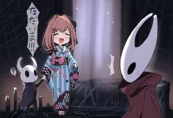 Rule 34 | 1other, 2girls, ^^^, bag, black bow, black skin, blue kimono, blush, bow, brown hair, cloak, closed eyes, colored skin, commentary, flying sweatdrops, ganesagi, hair bow, holding, holding bag, holding hands, hollow eyes, hollow knight, hornet (hollow knight), japanese clothes, kimono, kinchaku, knight (hollow knight), long sleeves, medium hair, multiple girls, nail, nijisanji, obi, open mouth, pouch, red cloak, sandals, sash, striped clothes, striped kimono, suzuhara lulu, suzuhara lulu (2nd costume), sweatdrop, tears, translated, underground, vertical-striped clothes, vertical-striped kimono, virtual youtuber, wide sleeves, yukata