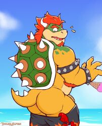 Rule 34 | 1boy, accidental exposure, ass, bara, beach, belly, bowser, bracelet, clothes pull, crab, dolkkalpha, facial hair, fat, fat man, feet out of frame, from behind, furry, furry male, goatee, highres, jewelry, long hair, looking back, male focus, male swimwear, mario (series), mature male, muscular, muscular male, nintendo, notice lines, pants, pants pull, red hair, sharp teeth, solo, spiked bracelet, spikes, standing, stomach, swim trunks, teeth, thick eyebrows, thick thighs, thighs