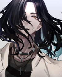 Rule 34 | 1boy, baji keisuke, black hair, black shirt, choker, cross, hair over one eye, highres, jacket, jewelry, karu (krr t), long hair, looking at viewer, male focus, necklace, one eye covered, parted lips, portrait, shirt, simple background, solo, tokyo revengers, tsurime, white background, white jacket, yellow eyes