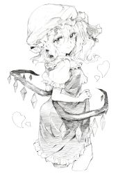 Rule 34 | 1girl, bad id, bad pixiv id, clothes lift, colored pencil (medium), dress, dress lift, flandre scarlet, greyscale, hat, hat ribbon, heart, highres, looking at viewer, looking back, mob cap, monochrome, oshake, ribbon, side ponytail, smile, solo, touhou, traditional media, wings
