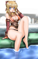 Rule 34 | 1041 (toshikazu), 1girl, alternate costume, bare legs, blonde hair, blue eyes, bow, breasts, cassandra alexandra, cleavage, covered erect nipples, feet, hair bow, large breasts, leg up, legs, open mouth, panties, solo, soul calibur, soulcalibur, soulcalibur iii, thick thighs, thighs, underwear, water, wide hips