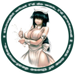 Rule 34 | 1girl, 3886, apron, breasts, cleavage, ghost in the shell, hair over eyes, large breasts, laughing man (gits), motion blur, naked apron, nurse, original, parody, s zenith lee, smile, solo, source request, tupet