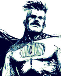 Rule 34 | 1boy, alex chow, black hair, bodysuit, cape, drawing, eyes in shadow, facial hair, greyscale, invincible (series), monochrome, muscular, mustache, omni-man, portrait, short hair, solo, superhero costume, thick mustache, white background, white bodysuit