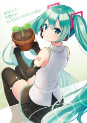 Rule 34 | 1girl, anniversary, character name, detached sleeves, from above, from behind, green eyes, green hair, hatsune miku, headset, long hair, looking at viewer, looking back, plant, potted plant, sitting, skirt, smile, solo, thighhighs, twintails, very long hair, vocaloid, yatsuki yura