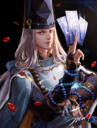 Rule 34 | 1boy, abe no seimei (onmyoji), arm up, beads, between fingers, black background, black hat, bridal gauntlets, closed mouth, eyeliner, fingernails, glowing, hat, highres, holding, japanese clothes, jewelry, kdash, lips, long hair, long sleeves, looking at viewer, low-tied long hair, magatama, makeup, male focus, ofuda, ofuda between fingers, onmyoji, prayer beads, ring, signature, solo, tate eboshi, upper body, white hair, wide sleeves