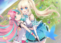 Rule 34 | 2girls, :d, aqua eyes, asymmetrical docking, black gloves, blonde hair, blue eyes, blue skirt, blush, breast press, breasts, bug, butterfly, crop top, dress, elbow gloves, gloves, hair between eyes, hair ornament, half gloves, highres, insect, large breasts, long hair, looking at viewer, mirai akari, mirai akari project, multicolored hair, multiple girls, navel, niu, open mouth, outdoors, pink hair, pinky pop hepburn, pleated skirt, shirt, side ponytail, skirt, sleeveless, sleeveless shirt, small breasts, smile, standing, the moon studio, two-tone hair, two side up, virtual youtuber, white dress, white gloves, white shirt, x hair ornament