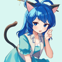 Rule 34 | 144udy, 1girl, animal ears, blue background, blue dress, blue eyes, blue hair, blush, breasts, cat ears, cat tail, cleavage, commentary request, dress, drill hair, drill sidelocks, hair ornament, hair rings, hair stick, highres, kaku seiga, long hair, looking at viewer, open clothes, open mouth, open vest, puffy short sleeves, puffy sleeves, short sleeves, sidelocks, smile, solo, tail, touhou, vest, white vest