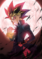 Rule 34 | 1boy, ankh, crazy eyes, dyed bangs, facial mark, forehead mark, full moon, hand in pocket, jewelry, male focus, millennium puzzle, moon, multicolored hair, raku (howdy), red eyes, solo, yami yugi, you gonna get raped, yu-gi-oh!, yu-gi-oh! (toei), yu-gi-oh! duel monsters