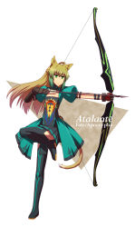 Rule 34 | 1girl, ahoge, animal ears, arrow (projectile), atalanta (fate), blonde hair, boots, bow (weapon), character name, copyright name, dress, fate/apocrypha, fate (series), gloves, green eyes, lion ears, lion tail, puffy sleeves, solo, standing, standing on one leg, tail, thigh boots, thighhighs, weapon, wizs