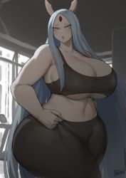 Rule 34 | 1girl, :o, alternate, alternate body build, alternate body size, alternate breast size, alternate costume, alternate hair color, ass, batako (batakoart), belly, black legwear, blue hair, blush, breasts, byakugan, clothes, colored skin, curvy, day, extra eyes, feet out of frame, female focus, highres, hip focus, horns, huge ass, huge breasts, indoors, light blush, long hair, looking at viewer, mature female, midriff, naruto (series), naruto shippuuden, navel, ootsutsuki kaguya, open mouth, pale skin, parted lips, plump, red eyes, red lips, rinnegan, sharingan, short eyebrows, solo, stomach, teeth, thick eyebrows, thick thighs, thighs, third eye, very long hair, white eyes, white horns, wide hips