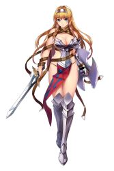 Rule 34 | 10s, 1girl, armor, armored boots, artist request, bikini armor, black panties, blonde hair, blue eyes, boots, braid, breasts, cleavage, female focus, front braid, full body, gauntlets, greaves, hairband, highres, holding, holding sword, holding weapon, large breasts, leina (queen&#039;s blade), long hair, looking at viewer, no bra, official art, panties, pelvic curtain, queen&#039;s blade, queen&#039;s blade unlimited, redesign, revealing clothes, shield, shiny skin, side braids, solo, standing, sword, thong, twin braids, underwear, weapon, white background