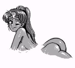 Rule 34 | 1girl, animal, ass, bath, breasts, from behind, headband, large breasts, long hair, looking at viewer, looking back, monochrome, nude, one eye closed, partially submerged, pixel art, ponytail, saiwai hiroshi, serpent (video game), smile, snake, water, wet, wink