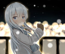 Rule 34 | 10s, 1girl, blue eyes, blue scarf, brown gloves, floating hair, from side, gloves, hair between eyes, hibiki (kancolle), highres, kantai collection, long hair, looking at viewer, moyoron, night, outdoors, scarf, silver hair, smile, solo, standing, upper body