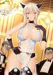 Rule 34 | 1girl, 2boys, artoria pendragon (fate), artoria pendragon (lancer alter) (fate), artoria pendragon (lancer alter) (royal icing) (fate), babydoll, bare shoulders, beard, black bow, black gloves, black hair, black jacket, black neckwear, black thighhighs, blonde hair, blush, bow, bowtie, bracelet, breasts, champagne flute, choker, cleavage, cleft of venus, cowboy shot, craft essence (fate), cup, dark persona, drinking glass, dutch angle, facial hair, fat, fat man, fate/grand order, fate (series), garter belt, garter straps, glint, gloves, grey hair, hair between eyes, hand on own hip, hand up, holding, holding cup, horns, indoors, jacket, jewelry, large breasts, light particles, lingerie, long hair, looking at viewer, mask, mole, mole on cheek, multiple boys, mustache, navel, necklace, no panties, official alternate costume, open clothes, open jacket, parted lips, ppshex, pussy, revealing clothes, see-through, shiny skin, shirt, sidelocks, skindentation, smile, solo focus, sparkle, thighhighs, tuxedo, uncensored, underwear, white shirt, yellow eyes