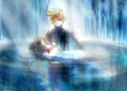 Rule 34 | 1boy, 1girl, aerith gainsborough, armor, blonde hair, blue eyes, blue shirt, bracelet, brown hair, cloud strife, dress, closed eyes, final fantasy, final fantasy vii, forgotten city, hair down, jacket, jewelry, lowres, partially submerged, pink dress, red jacket, shirt, shoulder armor, square enix, suspenders, tomo (552252), tree, turtleneck