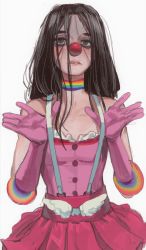 Rule 34 | 1girl, ace attorney, black hair, choker, clown nose, flat chest, geiru toneido, gloves, highres, messy hair, mossacannibalis, parted lips, phoenix wright: ace attorney - spirit of justice, pink gloves, simple background, solo, spoilers, suspenders, suspenders pull, white background, wig, unworn wig