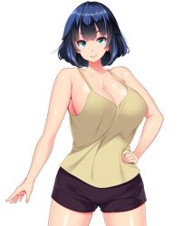 Rule 34 | 1girl, :&gt;, arm at side, armpits, bare arms, blue hair, breasts, cleavage, closed mouth, cowboy shot, eyebrows hidden by hair, female focus, game cg, green eyes, hair between eyes, hand on own hip, large breasts, legs, looking at viewer, nonomiya himari, original, shiokonbu, short hair, short shorts, shorts, sister lesson, sleeveless, smile, solo, standing, tachi-e, tank top, thighs, transparent background