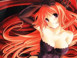 Rule 34 | 1girl, armpits, bare shoulders, black theme, breasts, bustier, cleavage, corset, eight chigusa tree, elbow gloves, fire, gloves, goth fashion, large breasts, lingerie, long hair, lying, natural another one 2nd belladonna, on back, orange hair, purple eyes, red hair, red theme, solo, tsurugi hagane, underwear, very long hair, yachigusa itsuki