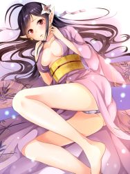 Rule 34 | 1girl, bad id, bad pixiv id, bare legs, barefoot, black hair, blush, breasts, breasts apart, earrings, hair ornament, highres, japanese clothes, jewelry, katori (pso2), kimono, large breasts, long hair, looking at viewer, lying, mole, mole under eye, on side, open clothes, open kimono, panties, pantyshot, phantasy star, phantasy star online 2, pointy ears, red eyes, solo, underwear, yoshida iyo