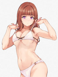 Rule 34 | 10s, 1girl, a-rise, alp, bikini, bikini pull, blunt bangs, breasts, brown hair, cleavage, clothes pull, cowboy shot, grey background, highres, looking at viewer, love live!, love live! school idol project, medium breasts, nail polish, navel, pink nails, purple eyes, skindentation, solo, standing, swimsuit, white background, yuki anju