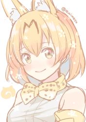 Rule 34 | 1girl, animal ear fluff, animal ears, bare shoulders, blonde hair, bow, bowtie, closed mouth, hair between eyes, kemono friends, looking at viewer, serval (kemono friends), shina shina, short hair, sleeveless, smile, solo, twitter username, yellow eyes