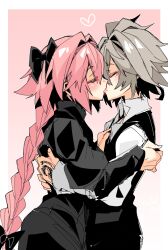 Rule 34 | 2boys, androgynous, ass, astolfo (fate), black bow, black dress, black vest, blush, bow, braid, closed mouth, command spell, dress, fang, fate/apocrypha, fate (series), from side, gradient background, grey hair, hair between eyes, hair bow, hair intakes, hand on another&#039;s arm, hand on another&#039;s chest, hands on another&#039;s back, haoro, heart, hug, kiss, long braid, long hair, male focus, multicolored hair, multiple boys, pink background, pink hair, shirt, sieg (fate), signature, single braid, skin fang, streaked hair, trap, two-tone hair, upper body, very long hair, vest, white hair, white shirt, yaoi