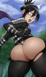 Rule 34 | 1boy, androgynous, ass, black hair, bodysuit, detnox, facial mark, grey eyes, highres, huge ass, long hair, looking back, male focus, one-punch man, onsoku no sonic, open mouth, ponytail, purple scarf, scarf, shiny clothes, solo, surprised, torn bodysuit, torn clothes, trap