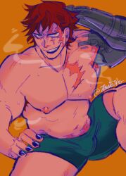 Rule 34 | 1boy, bara, black nails, boxers, bulge, cowboy shot, eustass kid, green male underwear, highres, large pectorals, looking at viewer, male focus, male underwear, muscular, muscular male, navel, nipples, one piece, pectorals, red hair, scar, scar on face, seductive smile, short hair, smile, solo, stomach, strongman waist, thick thighs, thighs, topless male, toxic jpg, underwear
