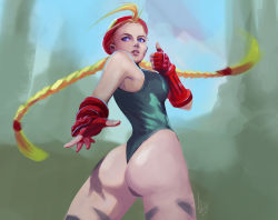 Rule 34 | 1girl, antenna hair, ass, bang bez, beret, blonde hair, blue eyes, bodypaint, braid, breasts, cammy white, camouflage, female focus, fingerless gloves, gloves, hat, huge ass, leotard, lips, long hair, looking back, nose, realistic, scar, solo, street fighter, thick thighs, thighs, thong leotard, thumbs up, twin braids