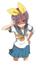 Rule 34 | 00s, 1girl, bags under eyes, blue eyes, bow, face, glowing, glowing eyes, hair bow, hair ornament, hand on own hip, hiiragi tsukasa, hip focus, looking up, lucky star, open mouth, purple hair, red eyes, school uniform, serafuku, shaded face, short hair, simple background, skirt, solo, white background, yandere, zukaketawagase