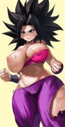 Rule 34 | 1girl, armband, black eyes, black hair, breasts, breasts out, bruise, cameltoe, caulifla, collarbone, curvy, dragon ball, dragon ball super, from below, highres, injury, large breasts, midriff, nipples, noblood (ryandomonica), open mouth, spiked hair, thick thighs, thighs, torn clothes