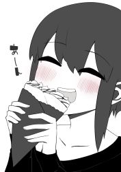 Rule 34 | 1girl, :d, ^ ^, blush, closed eyes, collarbone, crepe, fate/prototype, fate/prototype: fragments of blue and silver, fate (series), food, hair between eyes, hands up, hassan of serenity (fate), highres, holding, holding food, i.u.y, long sleeves, monochrome, open mouth, shirt, simple background, sleeves past wrists, smile, solo, teeth, translation request, upper body, upper teeth only, white background