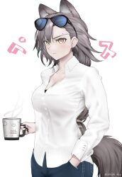 Rule 34 | 1girl, animal ears, arknights, black nails, black pants, brown hair, brown tail, buttoned cuffs, buttons, closed mouth, collared shirt, cowboy shot, cup, dress shirt, earrings, extra ears, fingernails, hair behind ear, hair ornament, hand in pocket, highres, holding, holding cup, jewelry, long hair, long sleeves, looking ahead, mole, mole above eye, mole on forehead, mug, nail polish, pants, penance (arknights), serious, shirt, simple background, solo, standing, steam, surgeon cuffs, tail, translation request, twitter username, white background, white shirt, yellow eyes, yokaze (yokajie)