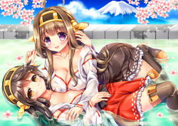 Rule 34 | 10s, 2girls, ahoge, bare shoulders, black hair, blush, boots, breasts, brown eyes, brown hair, cherry blossoms, cleavage, detached sleeves, double bun, female focus, fukase ayaka, girl on top, hair bun, hair ornament, hairband, hairclip, haruna (kancolle), hug, japanese clothes, kantai collection, kongou (kancolle), large breasts, long hair, miniskirt, mountain, multiple girls, nipples, nontraditional miko, off shoulder, onsen, open mouth, partially submerged, personification, purple eyes, ribbon-trimmed sleeves, ribbon trim, same-sex bathing, see-through, shared bathing, skirt, smile, thigh boots, thighhighs, water, wet, wet clothes, wet hair, yuri, zettai ryouiki