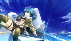 Rule 34 | 10s, absurdres, bad id, bad pixiv id, belt, blue eyes, blue hair, bullet, cloud, hair ornament, highres, horizon, kame^^, mouth hold, short shorts, shorts, sinon, sky, solo, sword art online, thighhighs, water