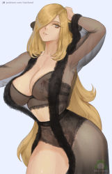 1girl armpits black_bra black_panties blonde_hair blue_eyes bra breasts cleavage creatures_(company) curvy cynthia_(pokemon) fur_trim game_freak hair_ornament hair_over_one_eye hand_on_own_head large_breasts lingerie long_hair mature_female nextoad nintendo panties patreon_username pokemon pokemon_dppt see-through_clothes thick_thighs thighs underwear