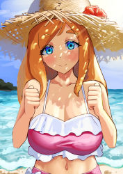 Rule 34 | 1girl, bare arms, bare shoulders, beach, bikini, blue eyes, blush, breasts, closed mouth, cloud, commentary, curled fingers, dot nose, forehead, frills, harohapi! shinonome megu-chan no oheya, hat, highres, island, large breasts, long hair, looking at viewer, midriff, navel, ocean, orange hair, outdoors, pink bikini, sagging breasts, sand, shadow, shinonome megu, sky, smile, solo, split mouth, straw hat, suzume b, swimsuit, thick eyebrows, upper body, virtual youtuber