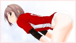 Rule 34 | 1girl, ass, bent over, blue background, blush, brown eyes, brown hair, bubble background, dedenden (pixiv30568724), from behind, highres, jersey, looking at viewer, panties, red shirt, shirt, short hair, short sleeves, smile, standing, two-tone background, underwear, white background, white panties