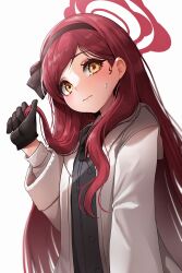 Rule 34 | 1girl, absurdres, black gloves, blue archive, coat, commentary request, doyoon 7, gloves, hairband, halo, head tilt, highres, long hair, long sleeves, looking at viewer, open clothes, open coat, parted bangs, red hair, school uniform, sidelocks, simple background, solo, takane (blue archive), white background, white coat, yellow eyes