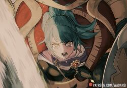 Rule 34 | 1girl, antenna hair, blue hair, crying, crying with eyes open, earrings, fire emblem, fire emblem heroes, high ponytail, jewelry, looking at viewer, lorilarry, nintendo, open mouth, reginn (fire emblem), solo, tears, upper body, wide-eyed, yellow eyes